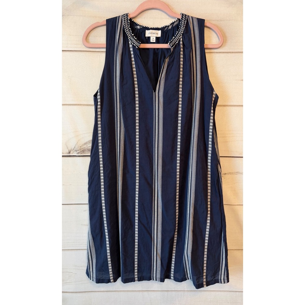 Evereve Navy Blue Embroidered Stripe Sleeveless Shift Dress Size M Nautical